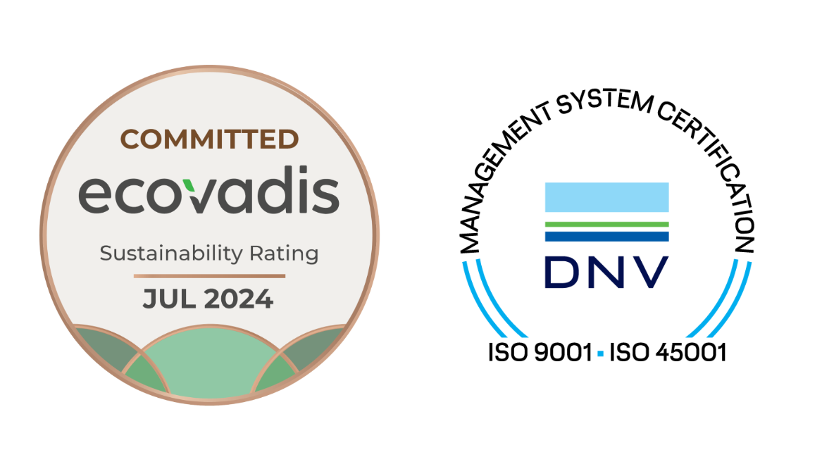 Auszeichnungen für das EcoVadis-Nachhaltigkeitsrating, Juli 2024, und die DNV-Managementsystemzertifizierung nach ISO 9001 und ISO 45001.