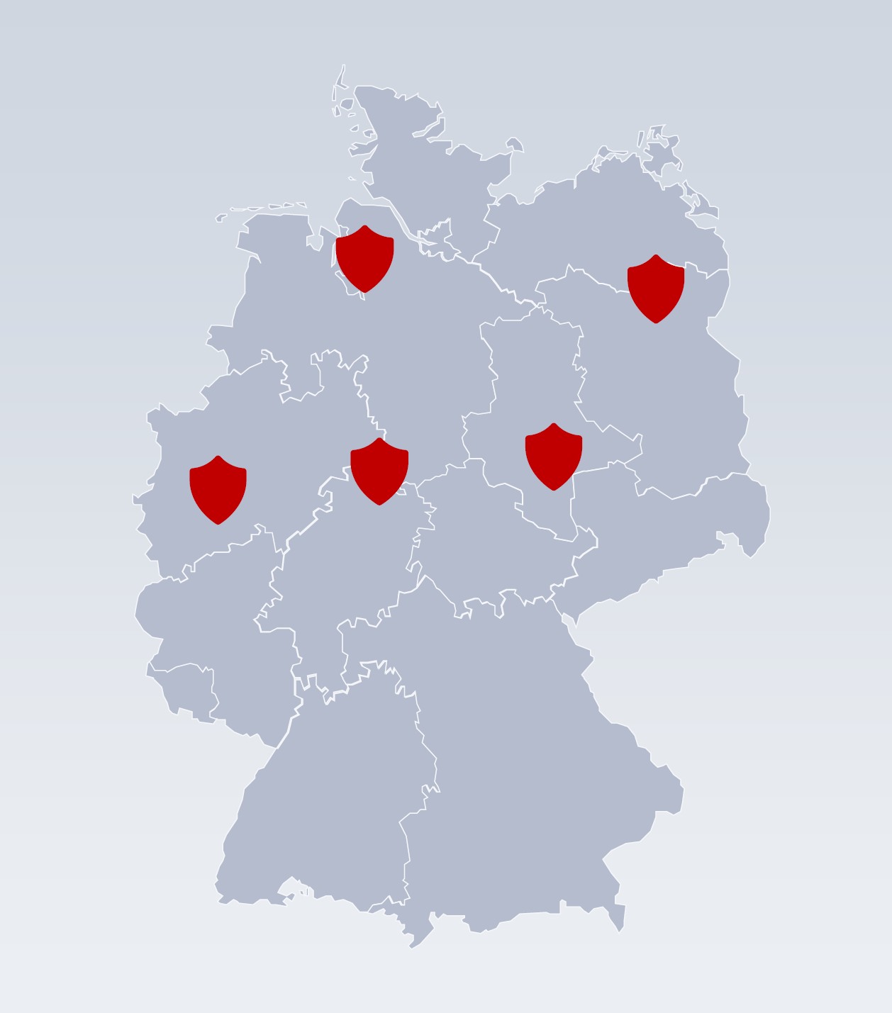 Eine Karte von Deutschland mit fünf roten Schilden, die bestimmte Orte im ganzen Land markieren.