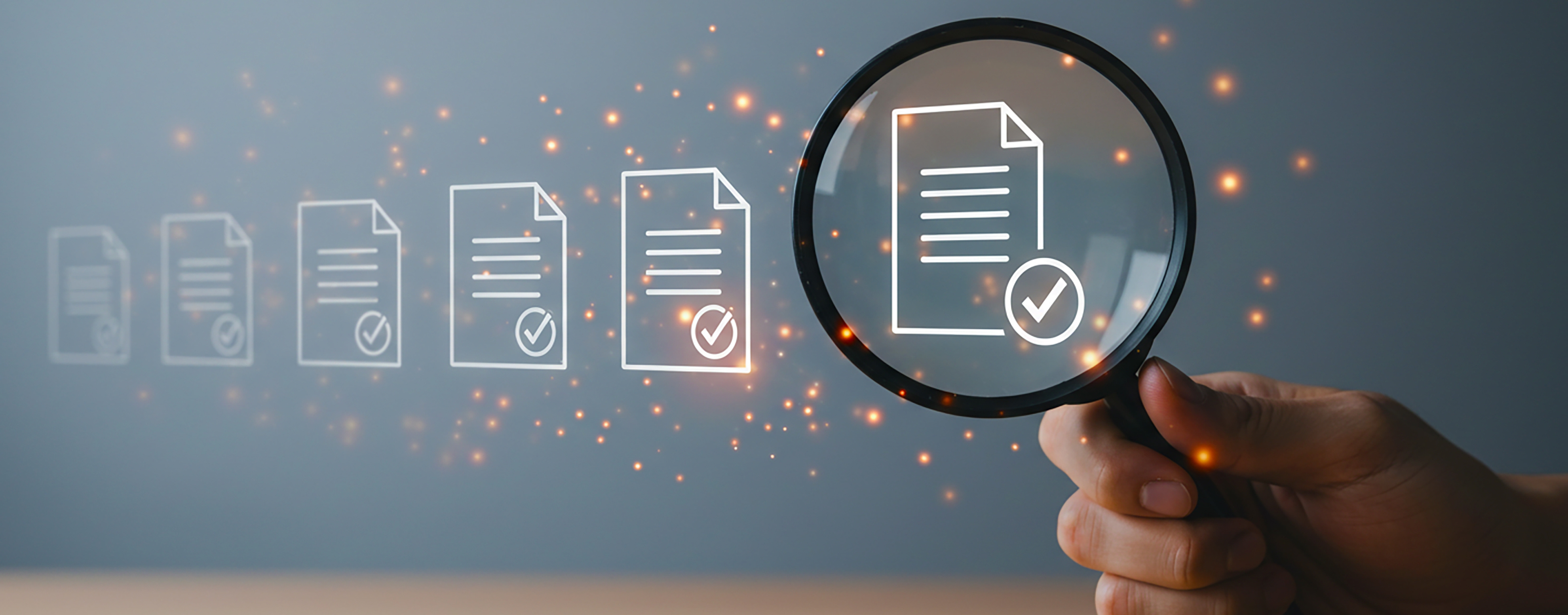 "Document verification and audit inspection with magnifying glass, compliance check, fraud detection, risk management, quality assurance, legal review, cybersecurity, financial scrutiny, and due dilig