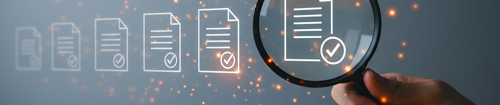 "Document verification and audit inspection with magnifying glass, compliance check, fraud detection, risk management, quality assurance, legal review, cybersecurity, financial scrutiny, and due dilig