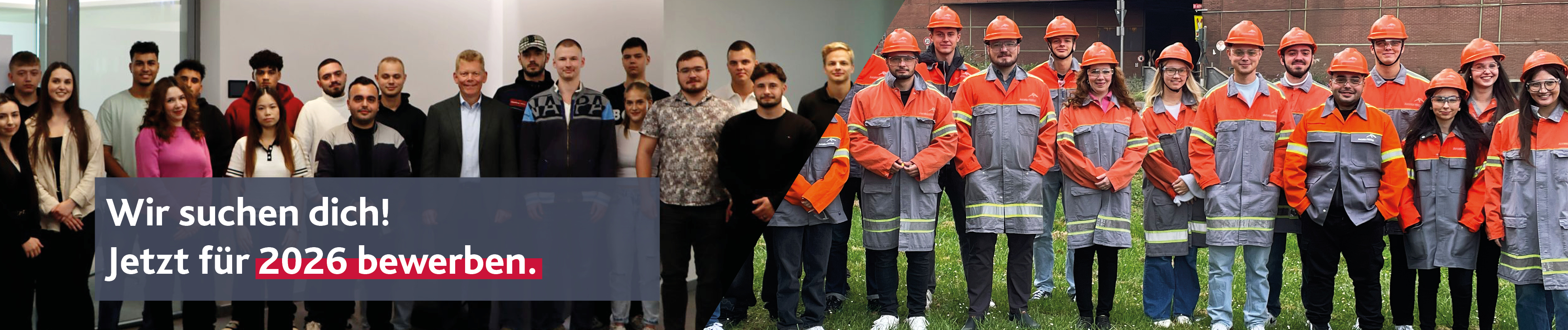 Eine Gruppe unterschiedlicher junger Erwachsener in Freizeit- und Arbeitskleidung steht zusammen. Der deutsche Text lädt zur Bewerbung für 2026 ein.