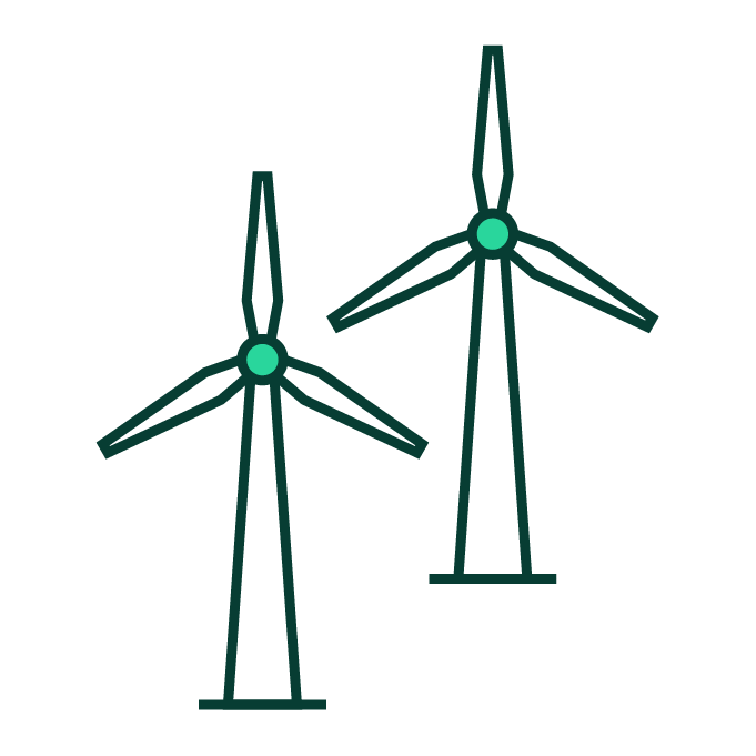 Abbildung von zwei Windkraftanlagen mit jeweils drei Rotorblättern, dargestellt als grüne Umrisse auf weißem Hintergrund.