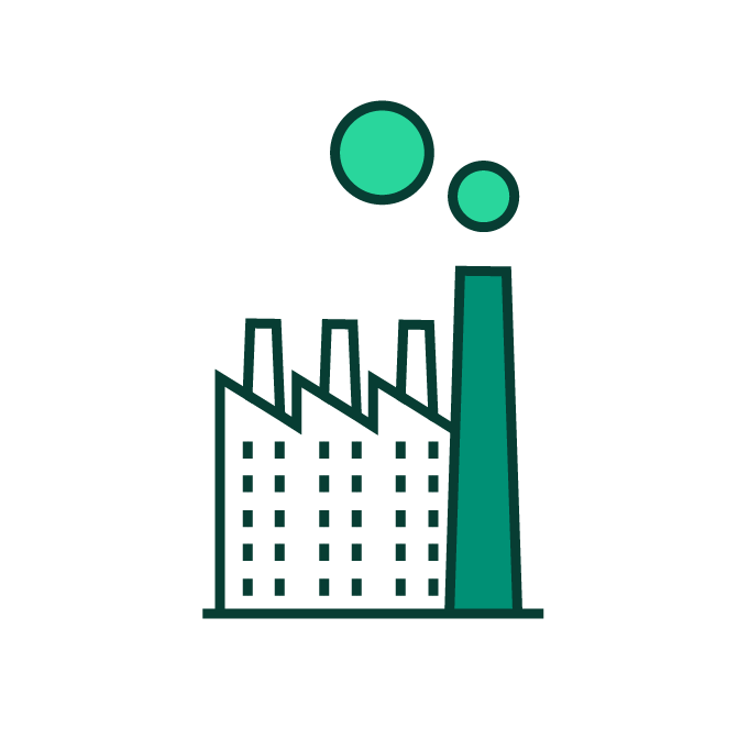 Illustration einer Fabrik mit drei Schornsteinen und zwei grünen Rauchwolken vor einem weißen Hintergrund.